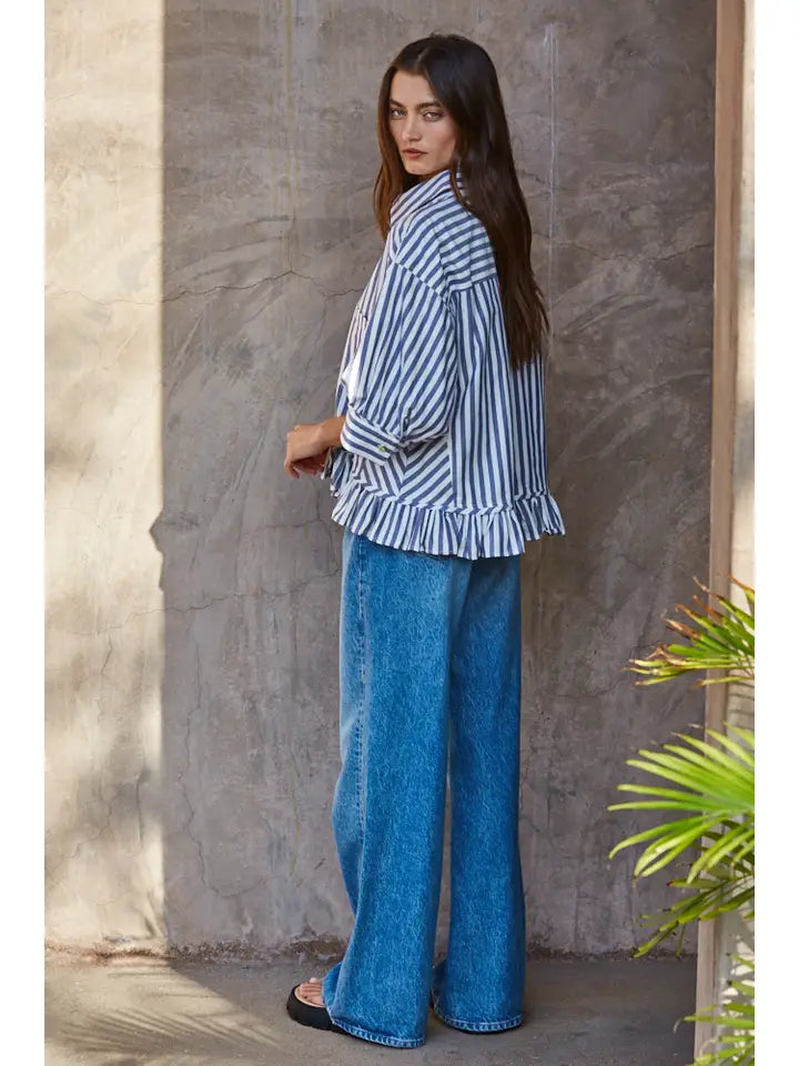 Ruffle Hem Button Down - Ivory/Blue