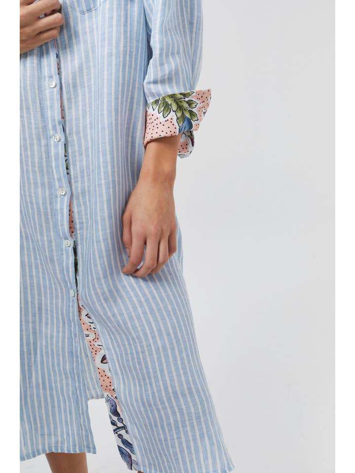 Island Linen Midi Dress - Light Blue and White Stripes