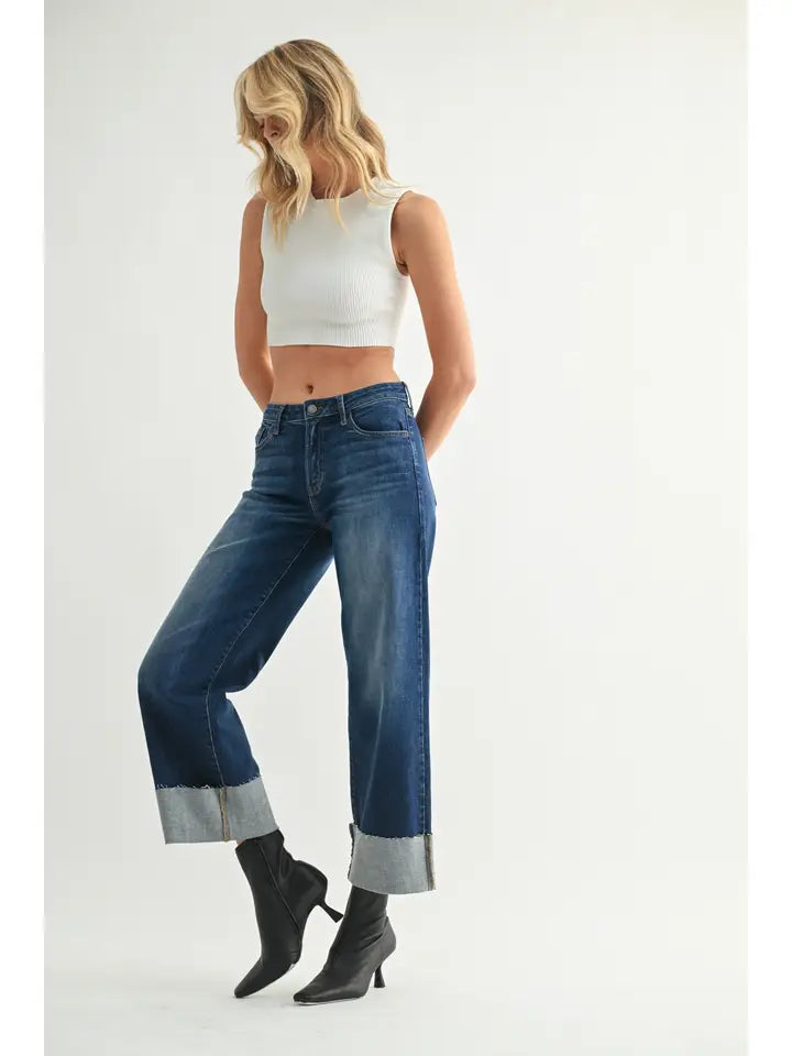Scissor Cut Cuffed Wide Leg - Dark Denim