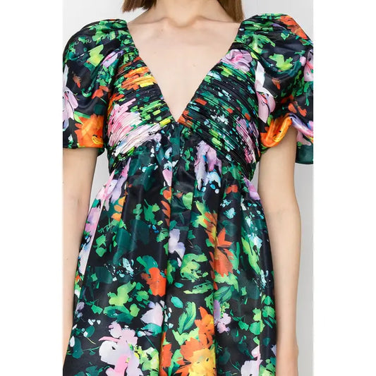 V-Neck Floral Mini Dress - Black Multi