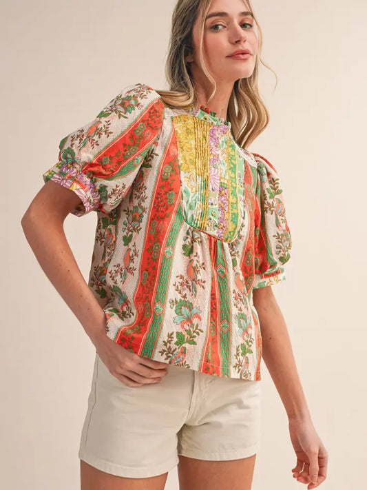 Border Print Pin Tuck Bib Top - Orange Green Multi