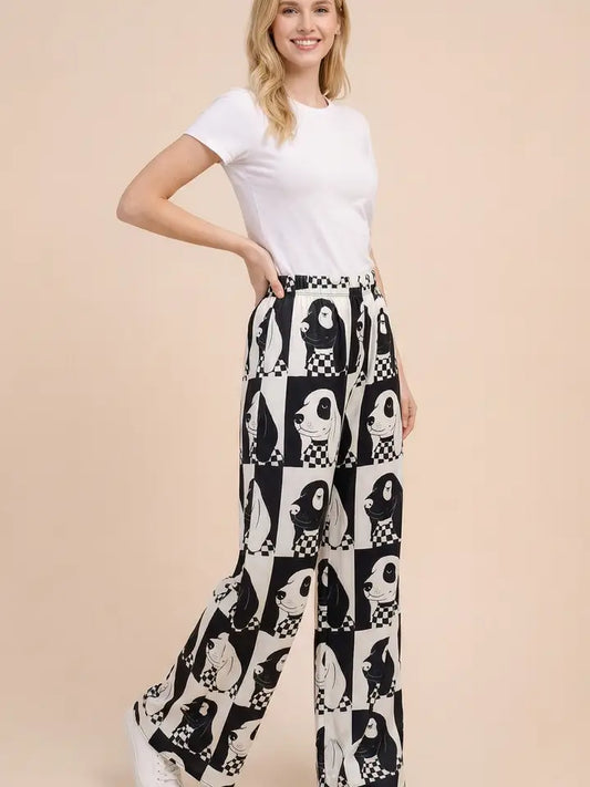 Dog Checkered Wide Leg Pants - Black/White
