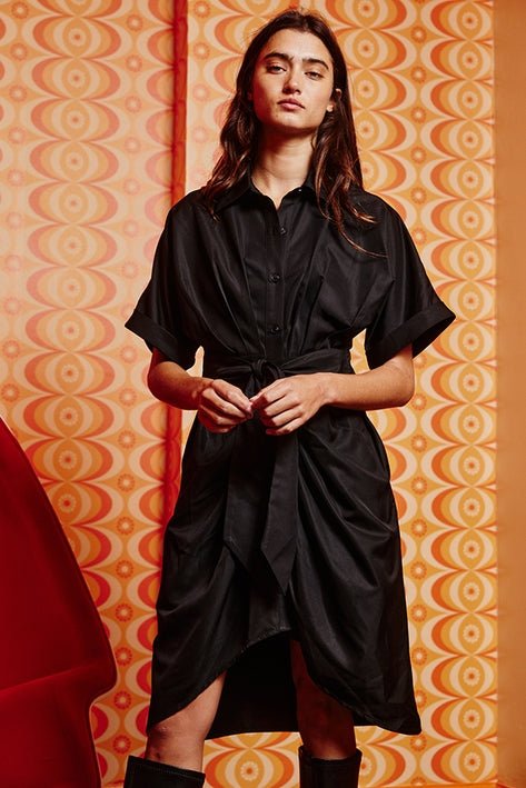 Draped silk shirt dress