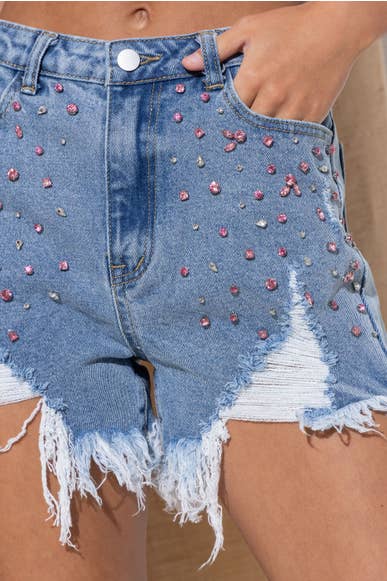 Rhinestone Gem Frayed Denim Short