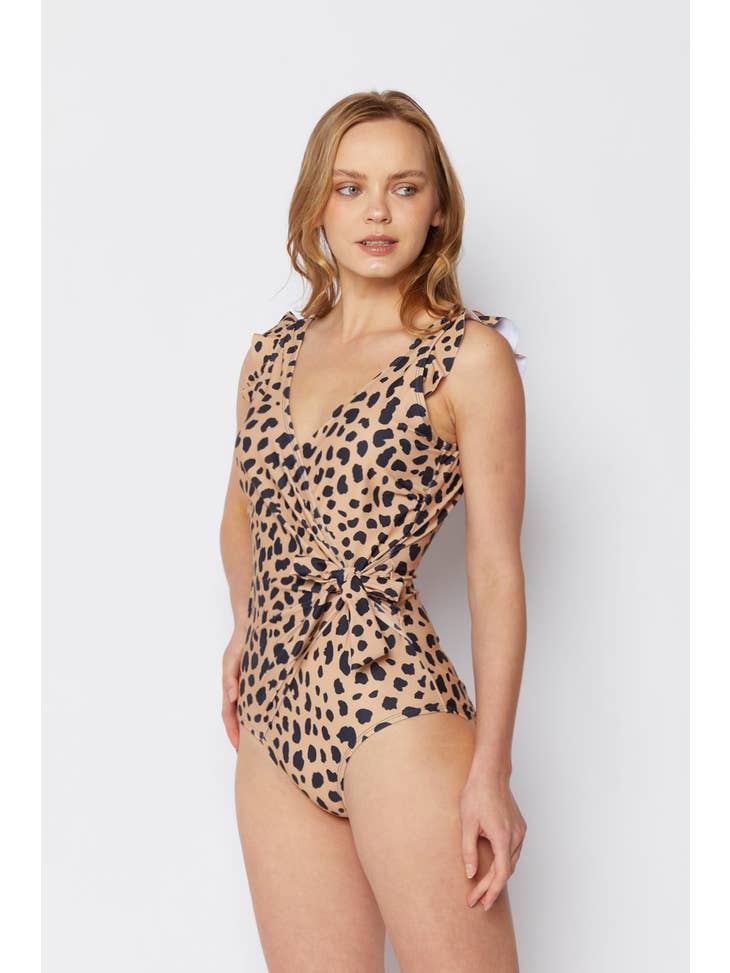 Ruffle Wrap Tie Swimsuit - Leo