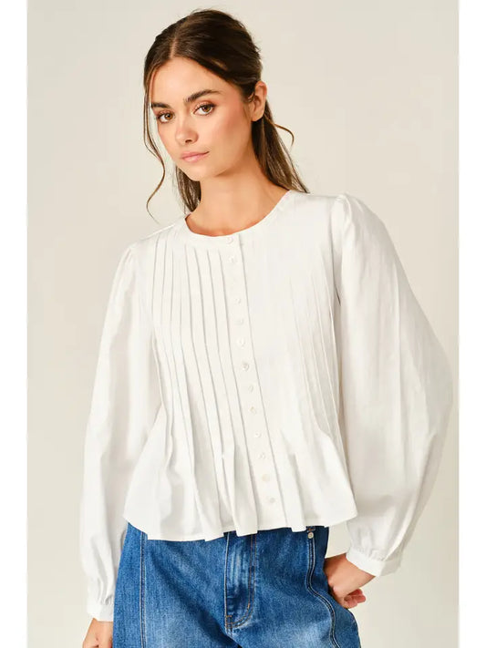 Pleated Babydoll Puff Sleeve Blouse - Off White