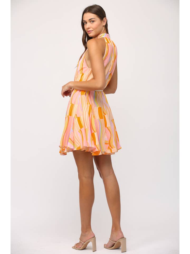 Halter Neck Mini Dress - Orange/Lavender