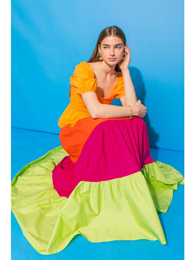 Colorblock Poplin Maxi Dress - Orange Red