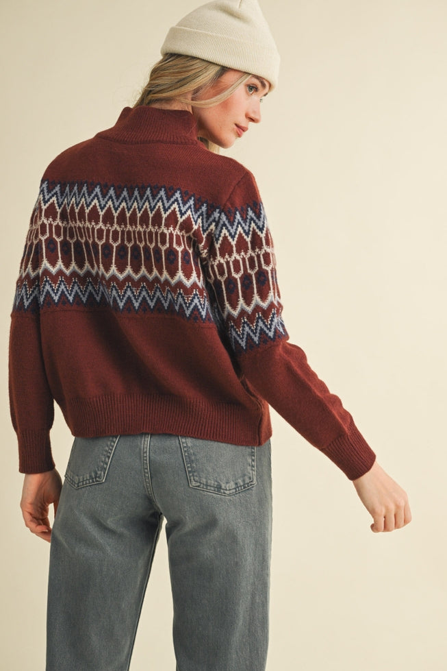 Fair Isle Zip Cardigan - Cocoa Brown