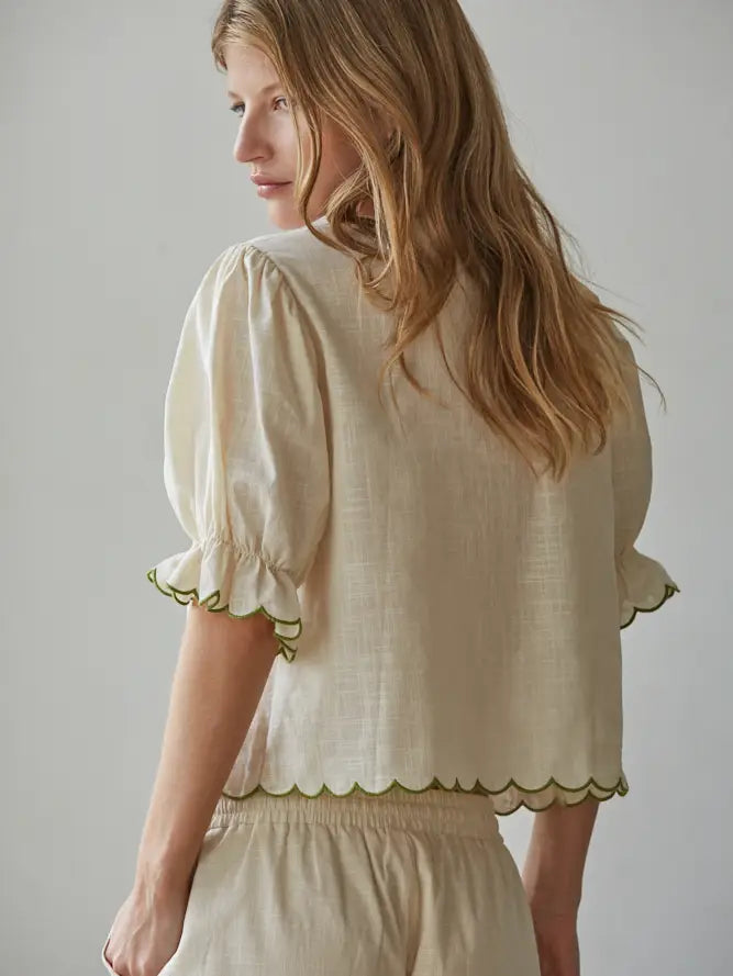 Embroidered Front Tie Top - Natural