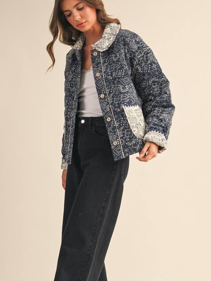 Quilted Bandana Print Jacket - Navy