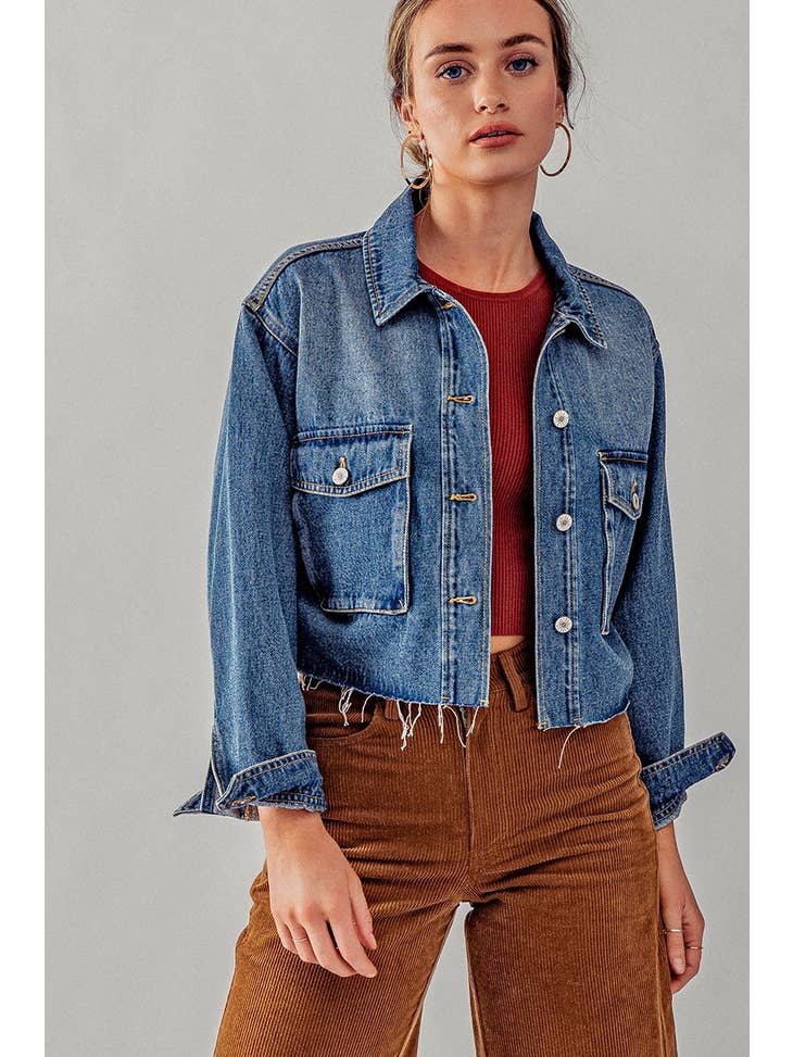 Raw Hem Denim Jacket - Blue