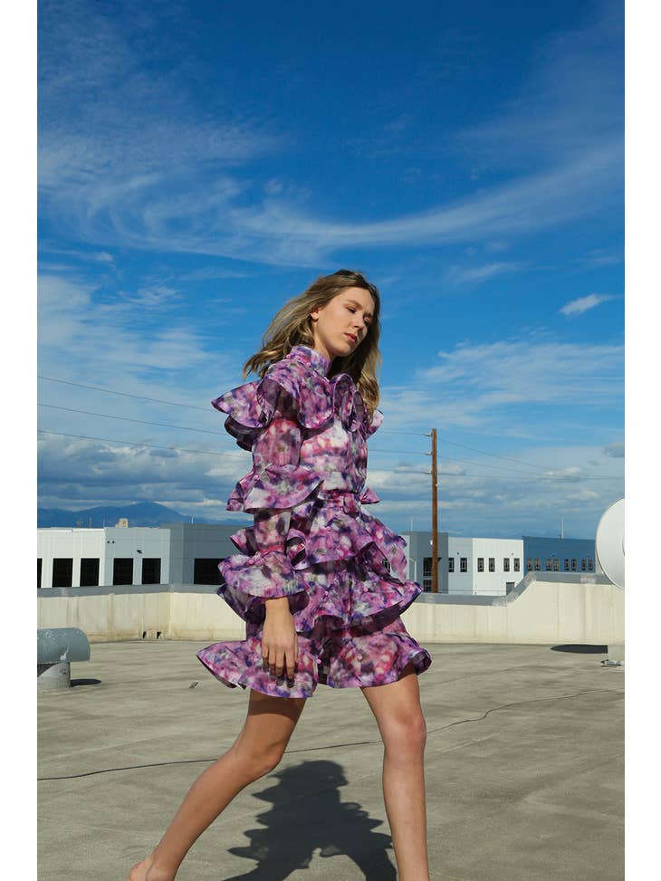 Ruffled Watercolor Mini Dress - Purple