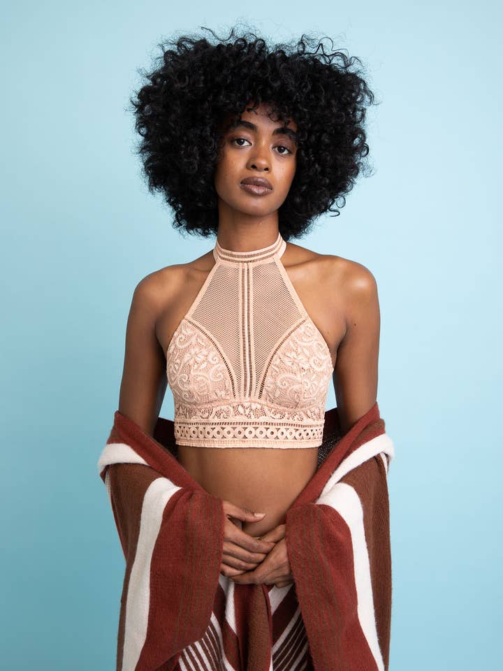 Mesh Lace Halter Bralette - Peach/Nude