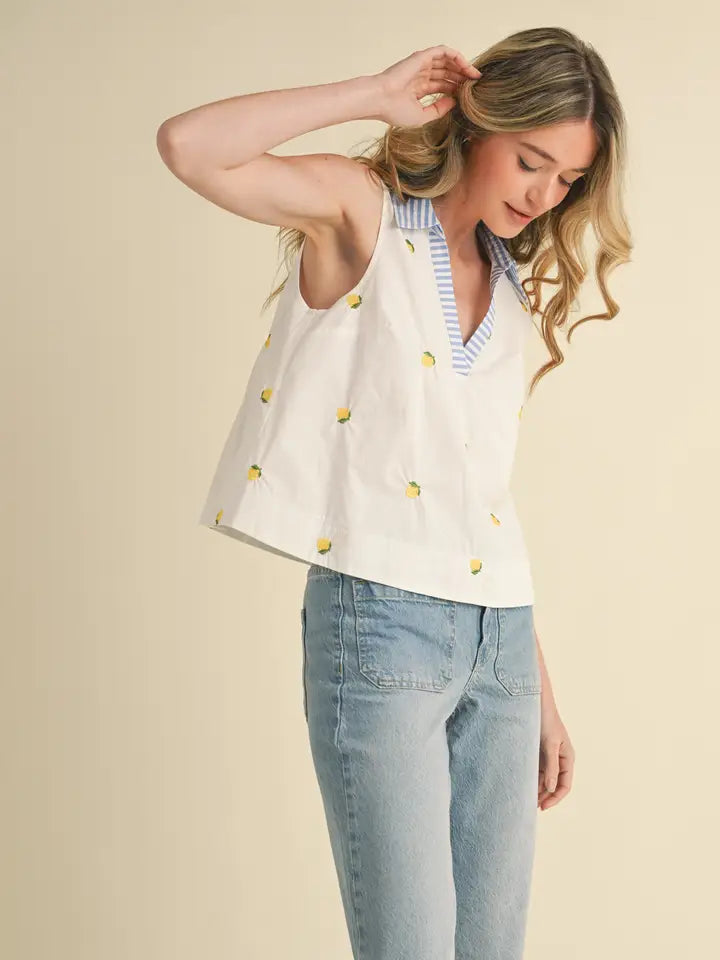 Fruit Embroidery Collared Tank - Lemon