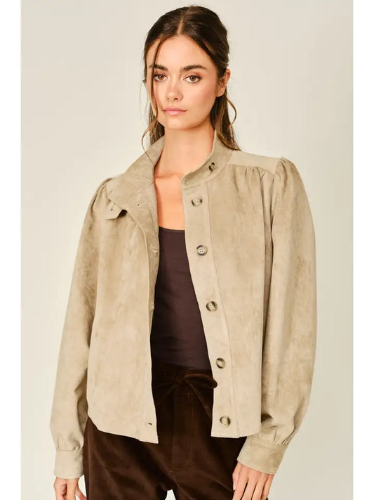 Stretch Suede Turtleneck Shirt Jacket - Tan