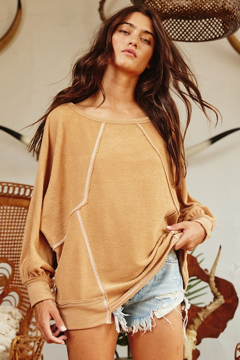 Reverse Stitch Dolman Sleeve Tunic - Camel