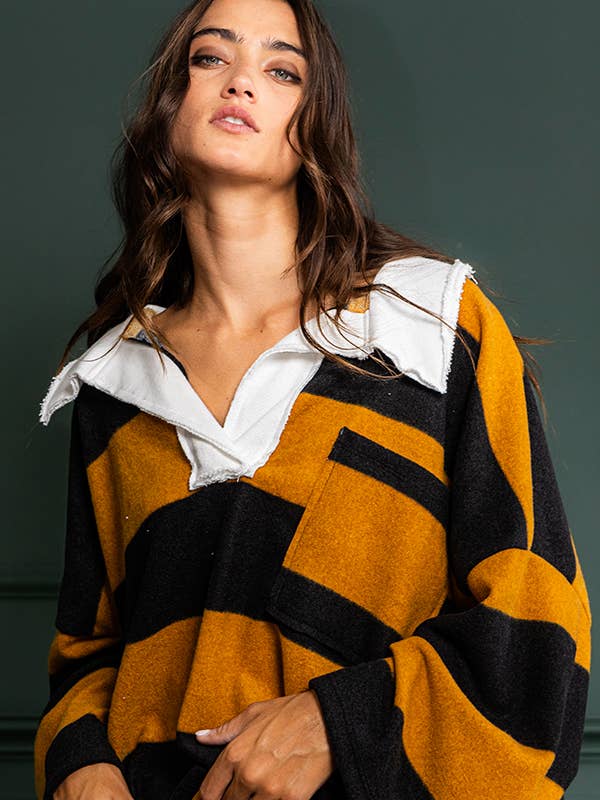Rugby Stripe Pullover Top - Mustard