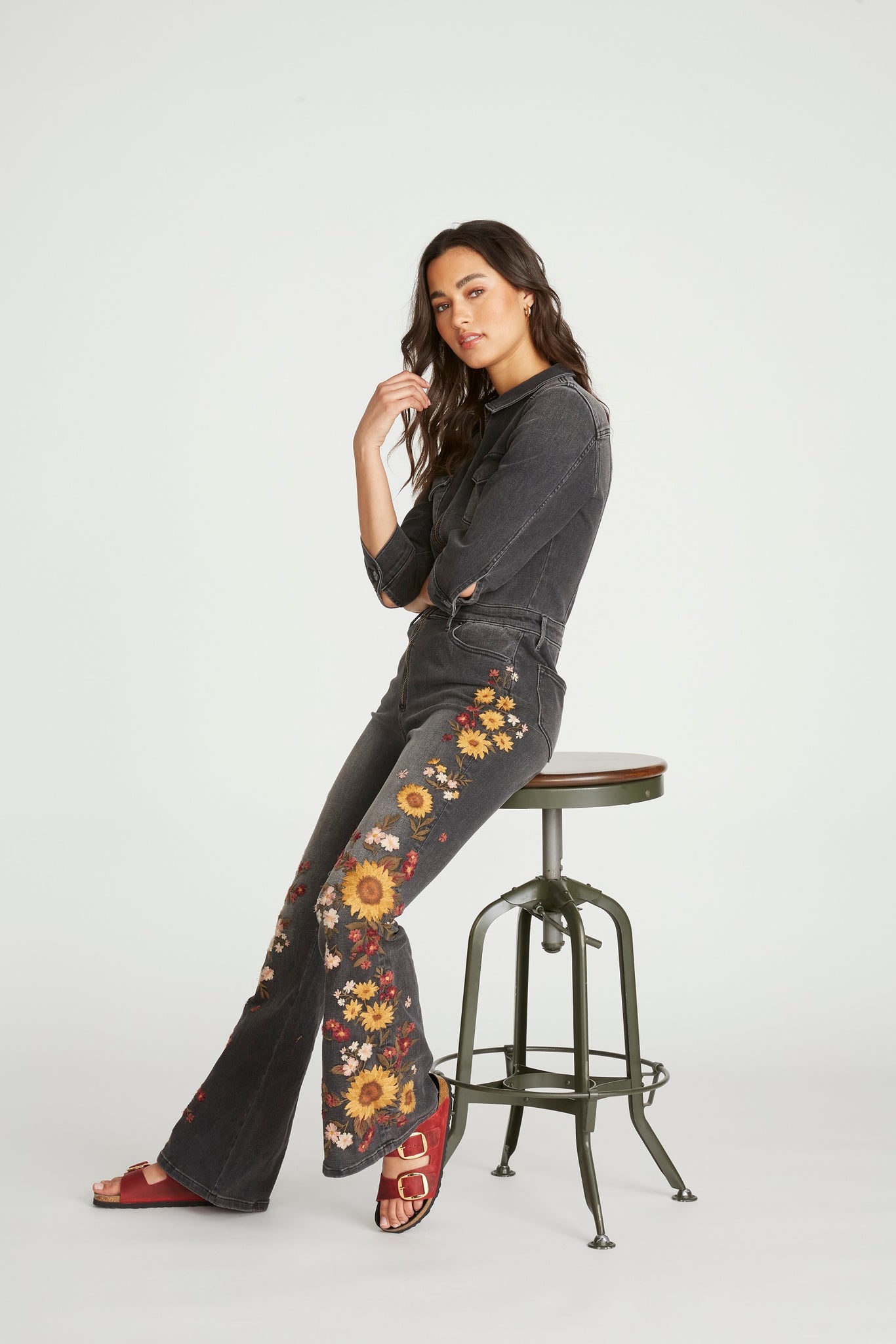 Farrah Denim Jumpsuit - Falling Sunflower