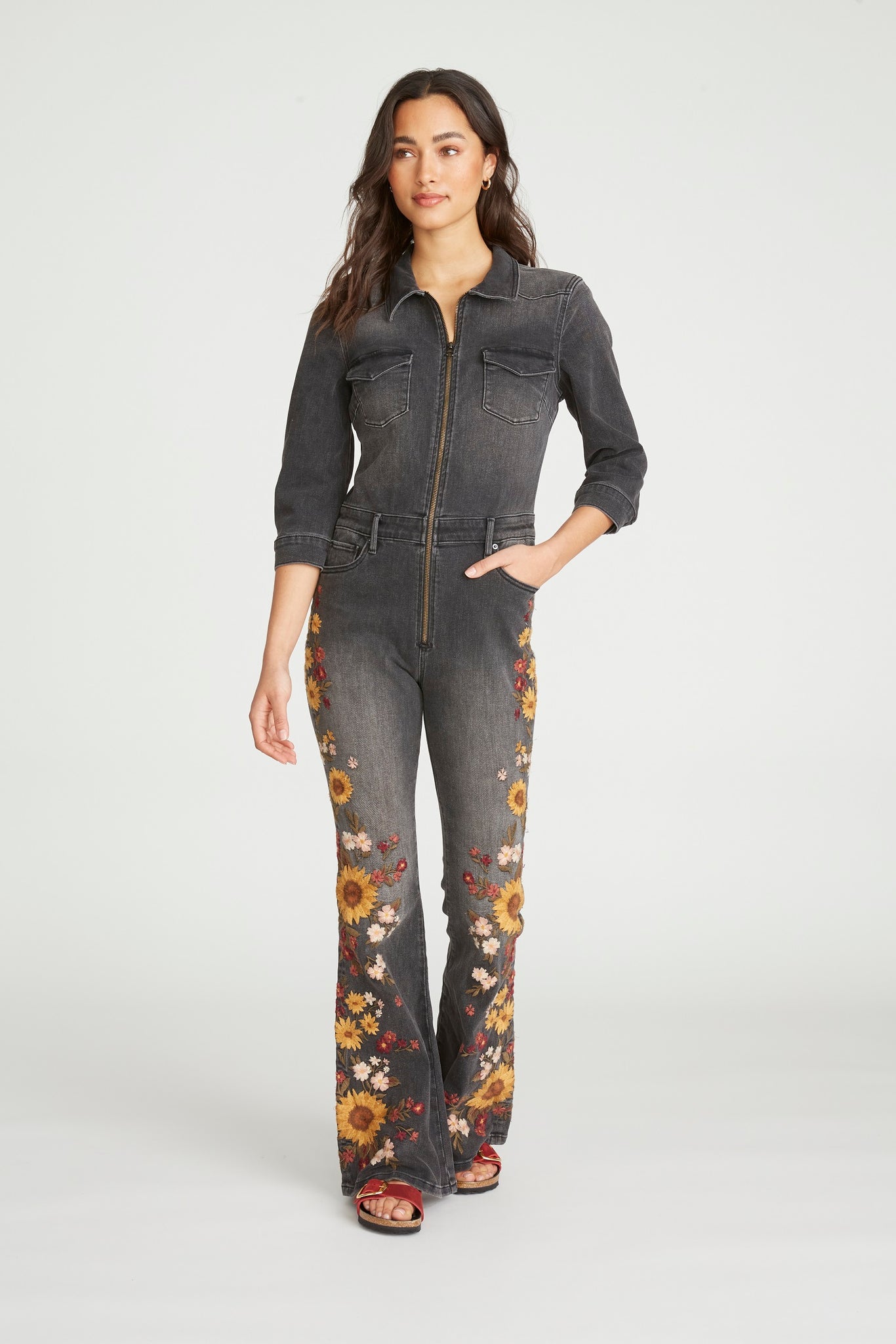Farrah Denim Jumpsuit - Falling Sunflower