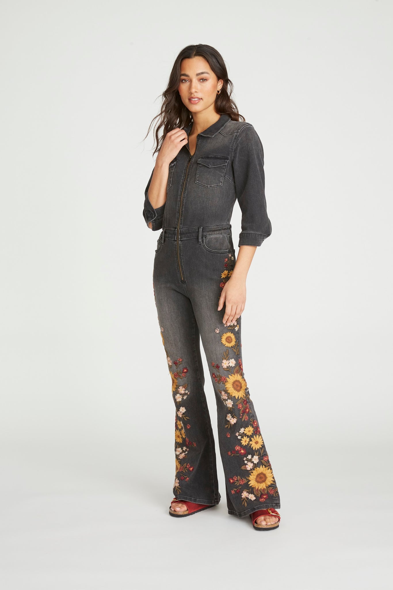 Farrah Denim Jumpsuit - Falling Sunflower