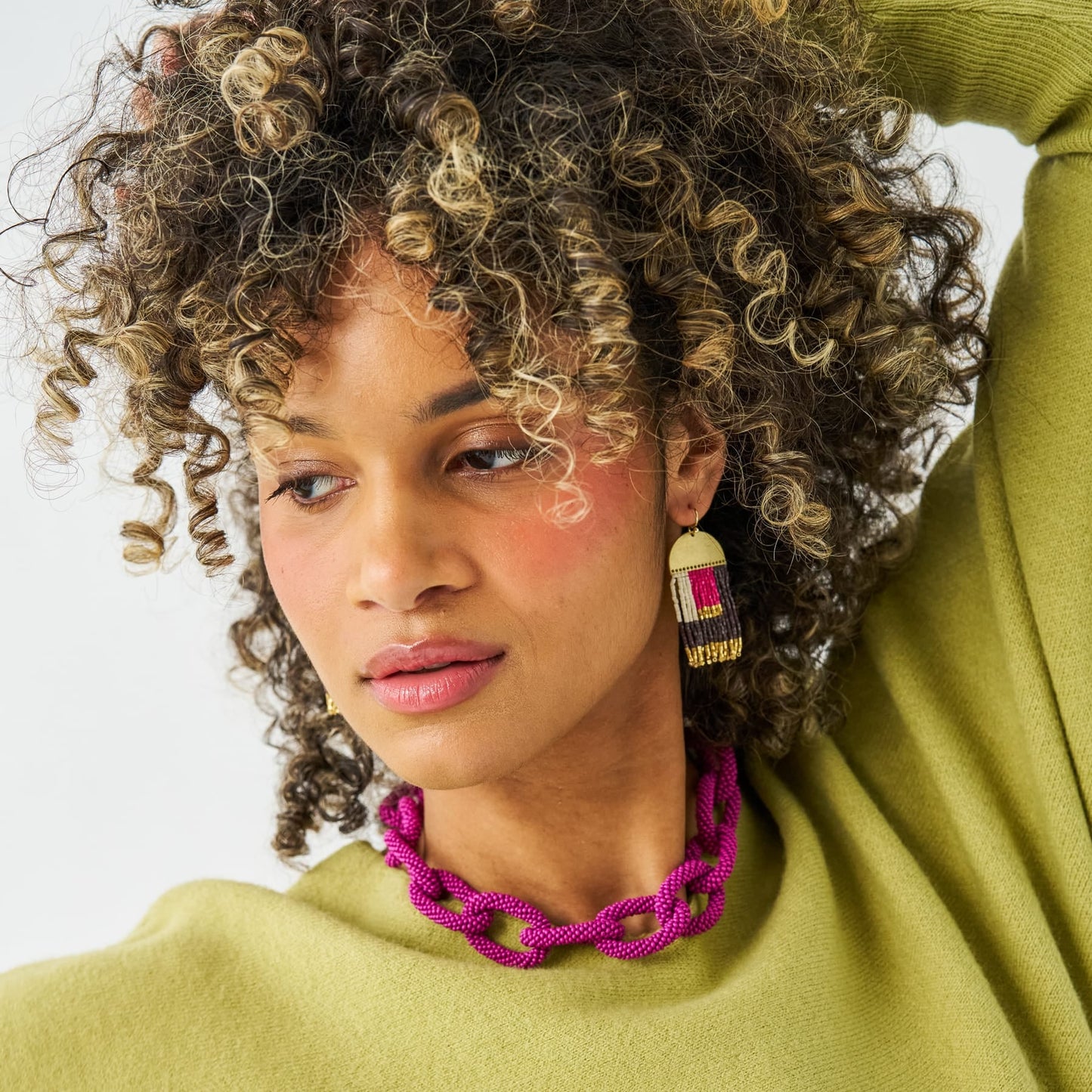 Jenna Chain Link Beaded Necklace - Magenta