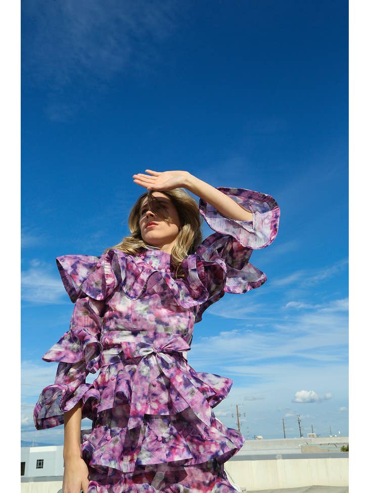 Ruffled Watercolor Mini Dress - Purple