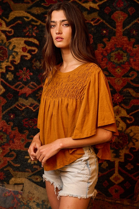 Flutter Sleeve Smocked Yoke Top - Camel