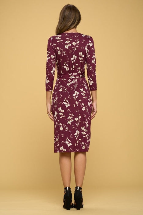Floral Print V Neck Wrap Dress - Burgundy