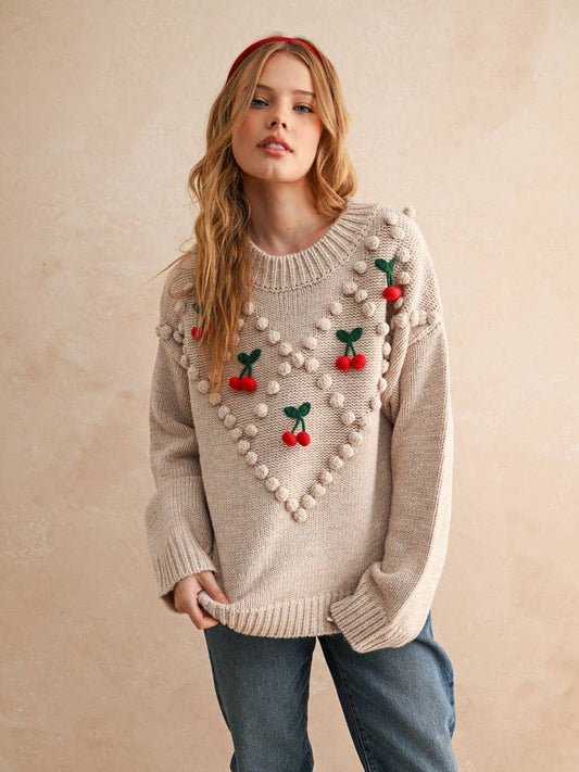 Cherry Trim Sweater - Oatmeal