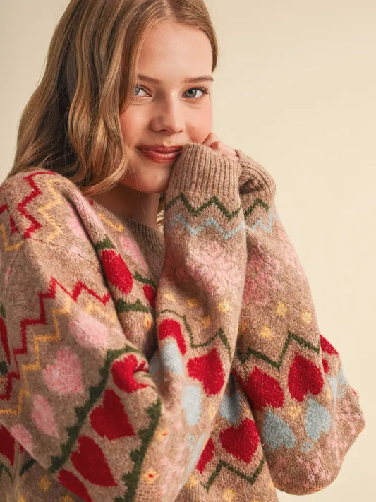 Geometric Heart Sweater - Desert Tan