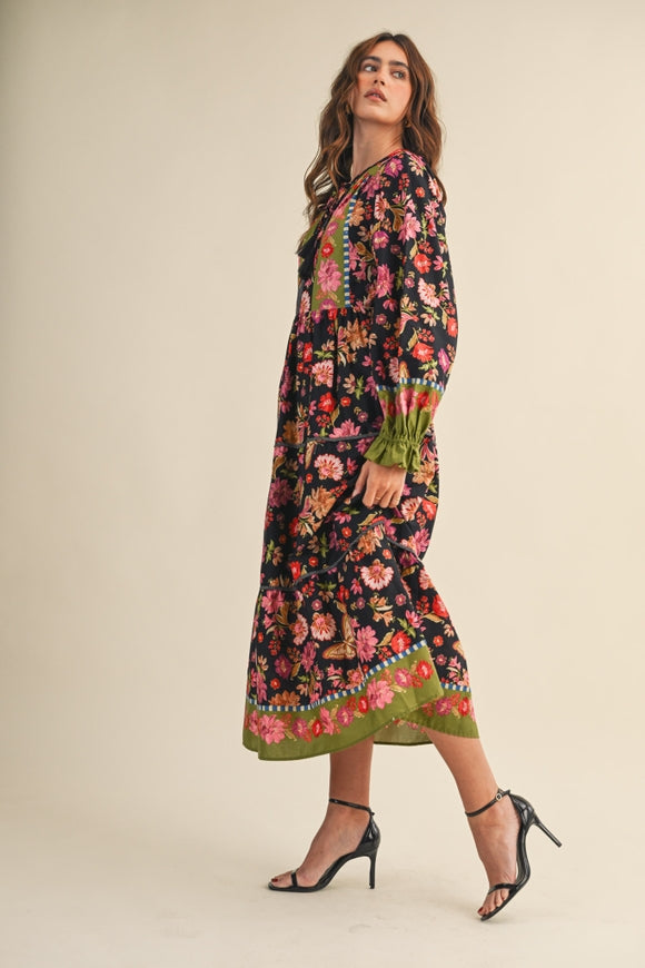 Floral Border Print Midi Dress - Black Multi