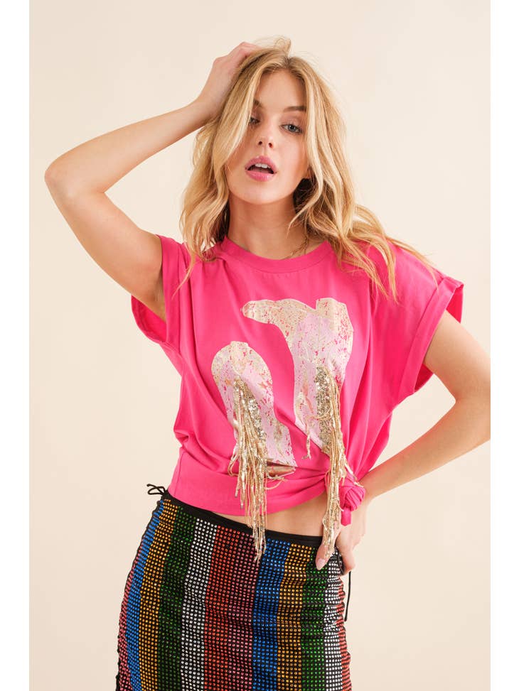 Foil Graphic Fringe T Shirt - Hot Pink
