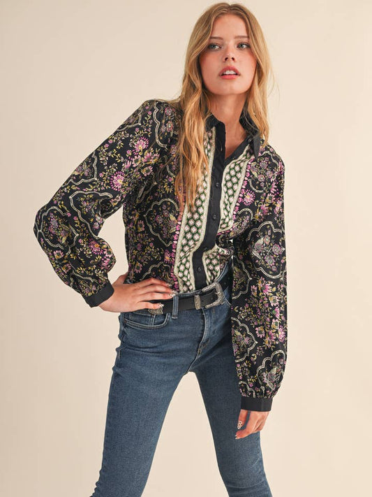 Floral Border Print Button Down - Black Multi