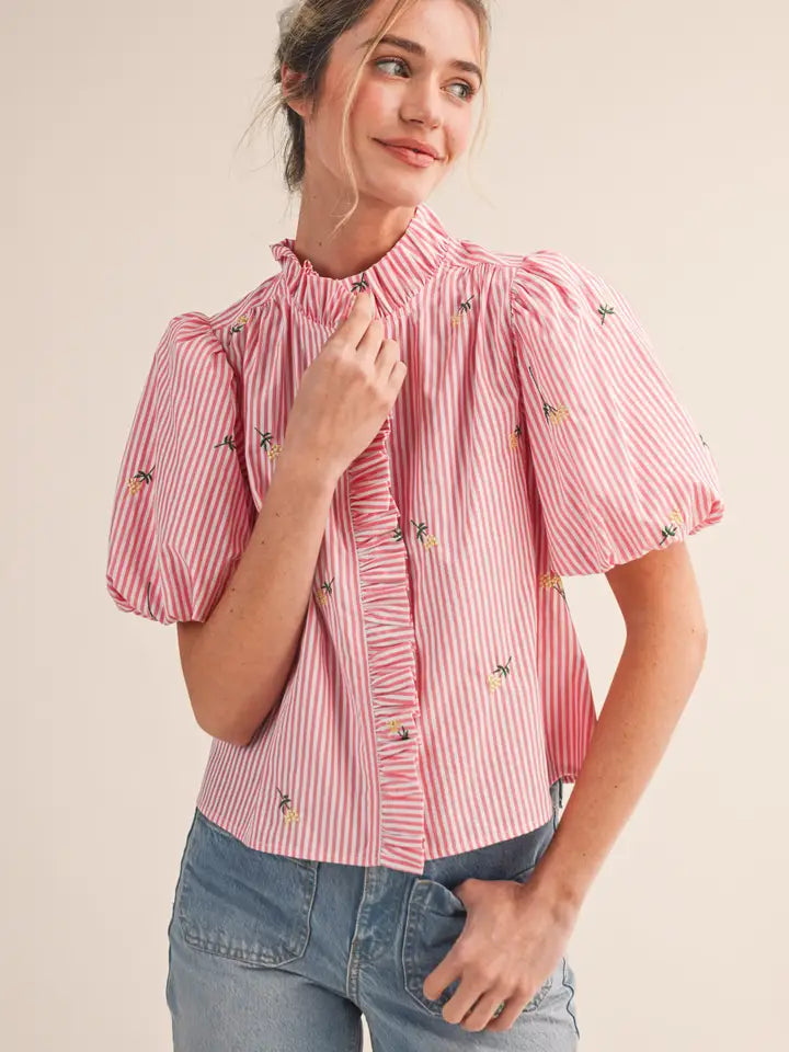 Embroidered Striped Ruffle Button Down - Pink Berry