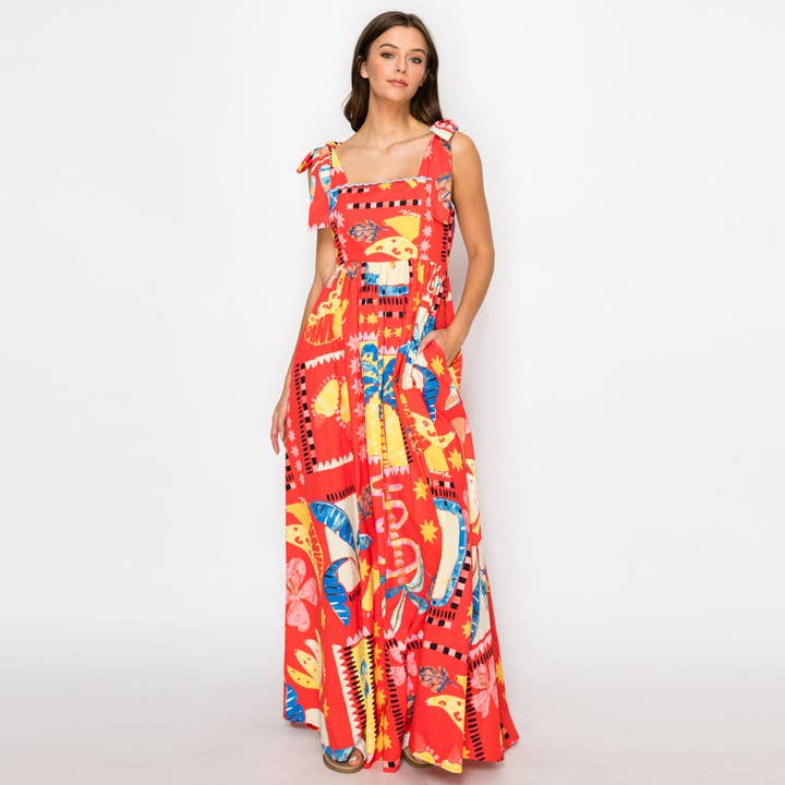 Retro Tropical Print Maxi Dress - Red