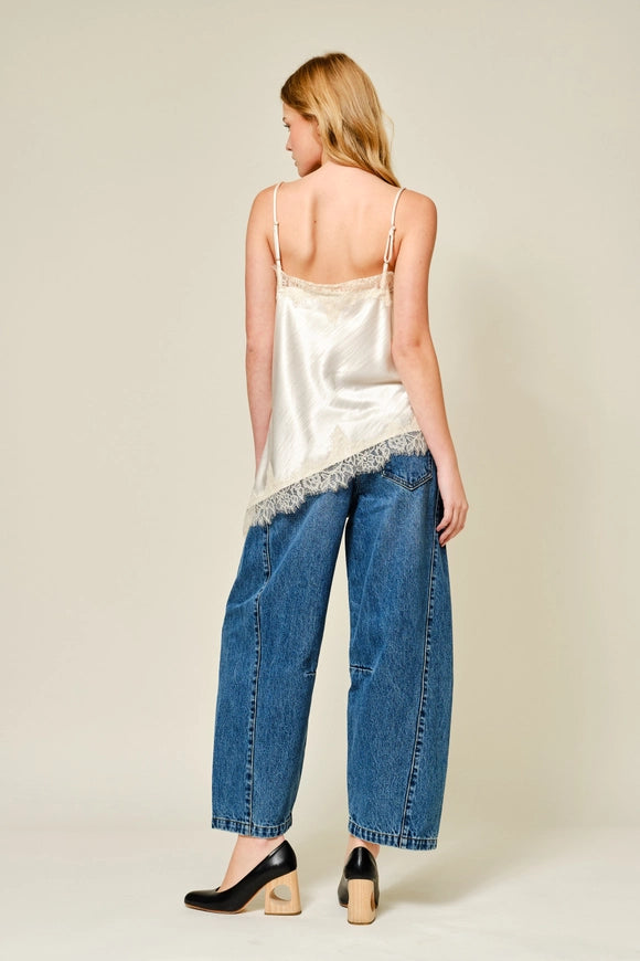 Cut Out Satin Lace Top - Champagne