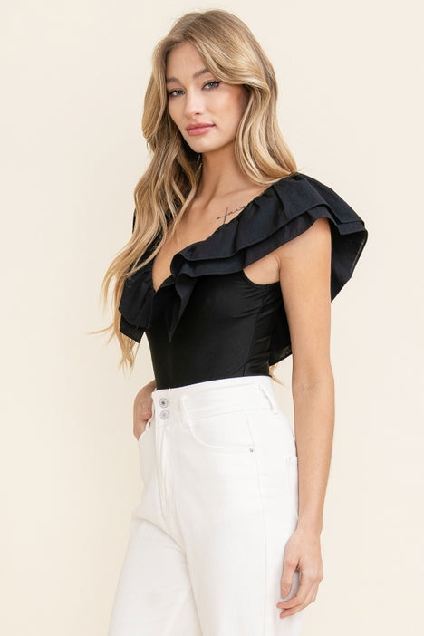 Ruffle Flounce Plunge Bodysuit - Black