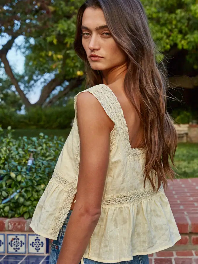 Floral Embroidery Square Neck Top - Light Yellow