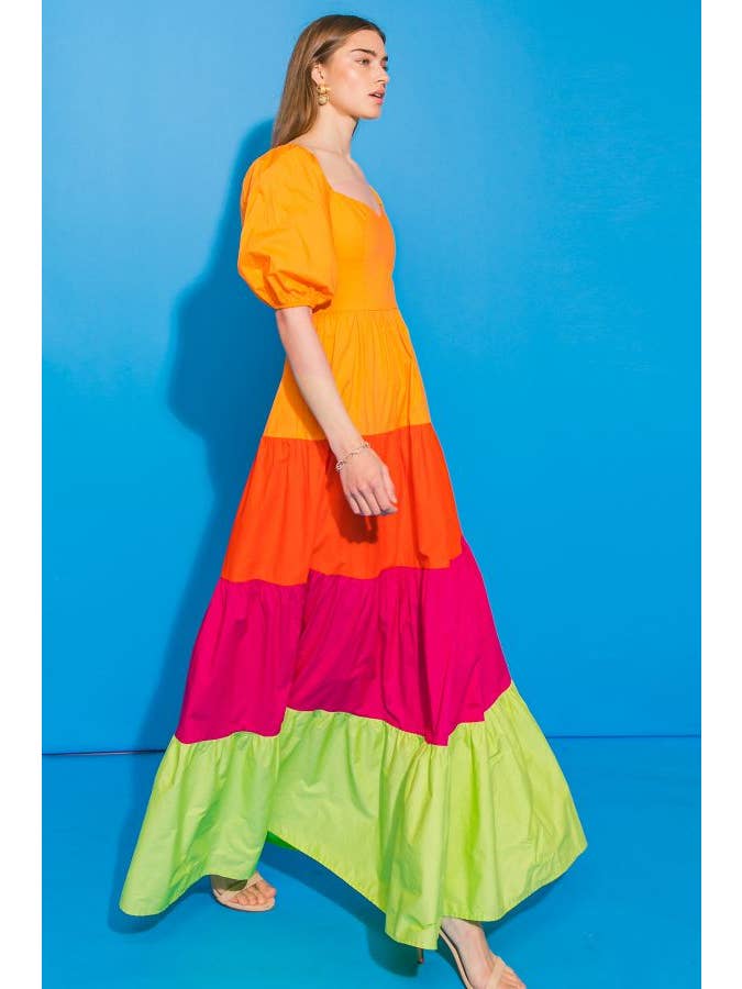 Colorblock Poplin Maxi Dress - Orange Red