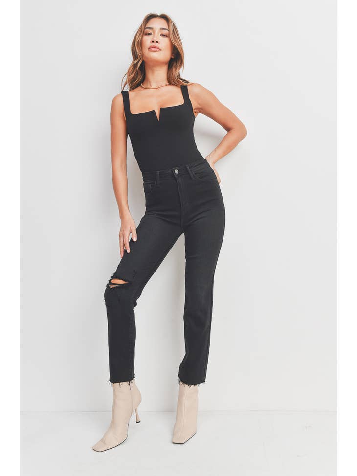 Knee Distress Vintage Slim Straight - Washed Black