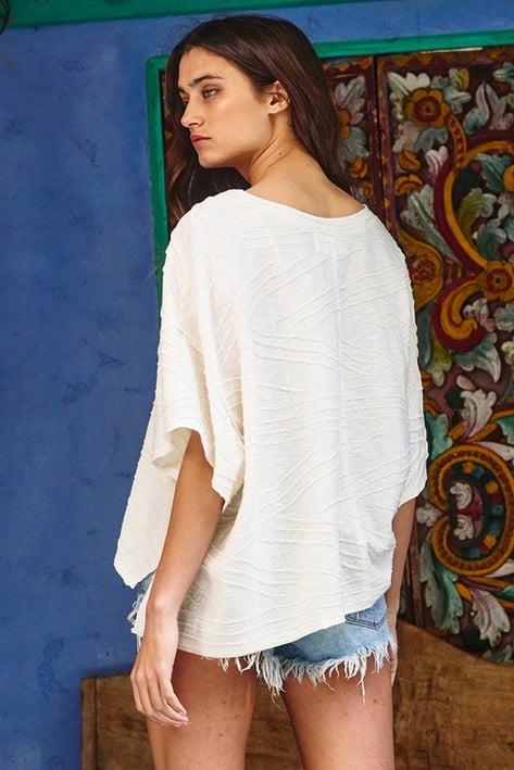 Oversized Textured V-Neck Top - Cream