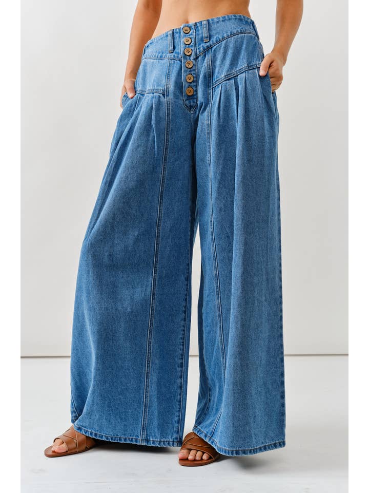 Front Button Down Flare Jeans - Medium Wash