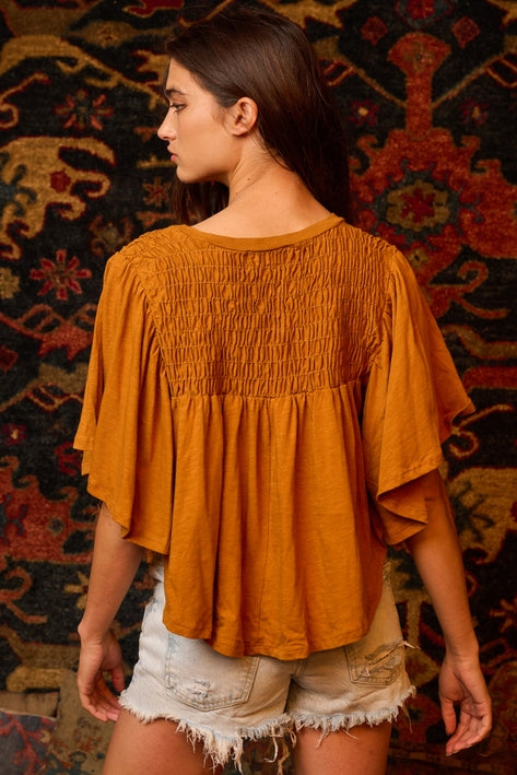 Flutter Sleeve Smocked Yoke Top - Camel
