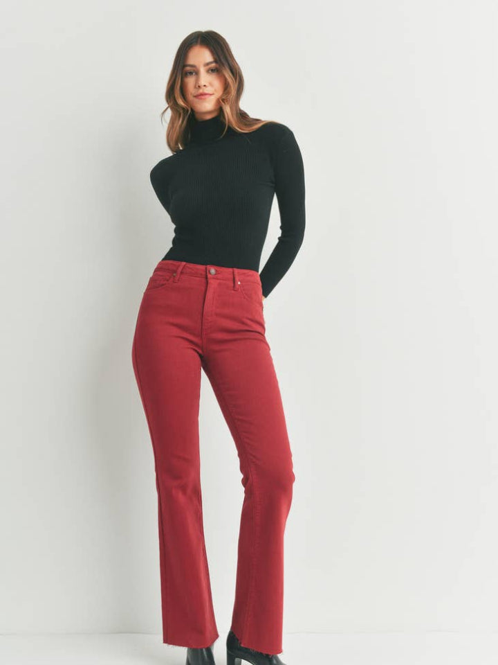 High Rise Scissor Hem Flare - Burgundy