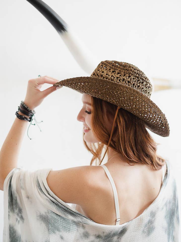Weaved Western Cowboy Hat - Cognac