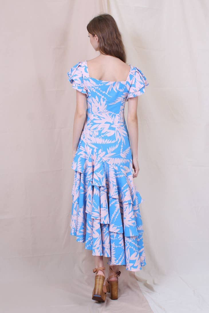 Tropical Floral Ruffle Maxi Dress - Blue