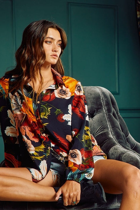 Semi-Sheer Floral Print Blouse