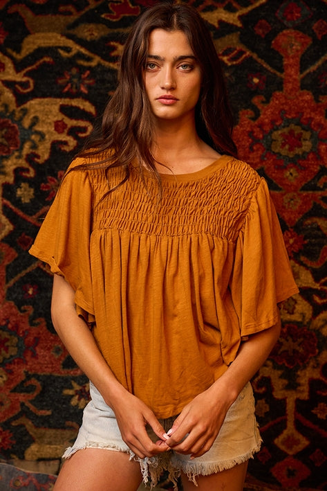 Flutter Sleeve Smocked Yoke Top - Camel