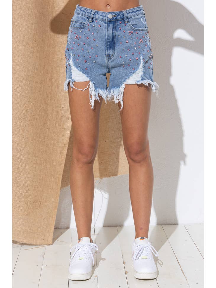 Shine Bright Rhinestone Shorts - Denim